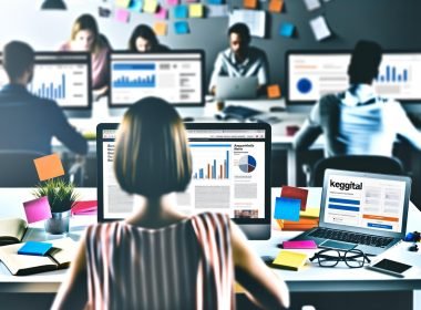 Magazin-Cover mit Person am Schreibtisch, umgeben von Notizblöcken, Laptops, bunten Post-its, Kalendern und digitalen Tools, im Hintergrund arbeitsame Blogger.