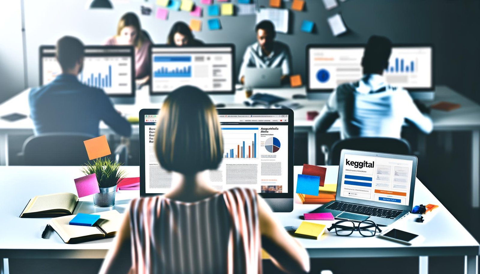 Magazin-Cover mit Person am Schreibtisch, umgeben von Notizblöcken, Laptops, bunten Post-its, Kalendern und digitalen Tools, im Hintergrund arbeitsame Blogger.