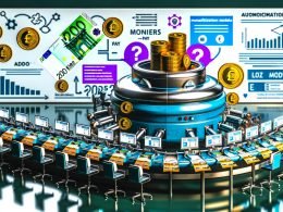 Verschiedene Illustrationen rund um digitale Monetarisierung, darunter eine futuristische Gelddruckmaschine, Business-Publisher im Glasbüro, Infografik-Icons für Monetarisierungsmodelle, technische Setups und Kontrollräume, sowie ein gläsernes Gebäude, das Wertschöpfungsprozesse darstellt.