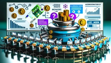 Verschiedene Illustrationen rund um digitale Monetarisierung, darunter eine futuristische Gelddruckmaschine, Business-Publisher im Glasbüro, Infografik-Icons für Monetarisierungsmodelle, technische Setups und Kontrollräume, sowie ein gläsernes Gebäude, das Wertschöpfungsprozesse darstellt.