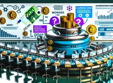 Verschiedene Illustrationen rund um digitale Monetarisierung, darunter eine futuristische Gelddruckmaschine, Business-Publisher im Glasbüro, Infografik-Icons für Monetarisierungsmodelle, technische Setups und Kontrollräume, sowie ein gläsernes Gebäude, das Wertschöpfungsprozesse darstellt.