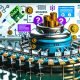 Verschiedene Illustrationen rund um digitale Monetarisierung, darunter eine futuristische Gelddruckmaschine, Business-Publisher im Glasbüro, Infografik-Icons für Monetarisierungsmodelle, technische Setups und Kontrollräume, sowie ein gläsernes Gebäude, das Wertschöpfungsprozesse darstellt.