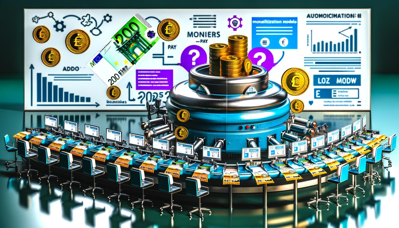 Verschiedene Illustrationen rund um digitale Monetarisierung, darunter eine futuristische Gelddruckmaschine, Business-Publisher im Glasbüro, Infografik-Icons für Monetarisierungsmodelle, technische Setups und Kontrollräume, sowie ein gläsernes Gebäude, das Wertschöpfungsprozesse darstellt.