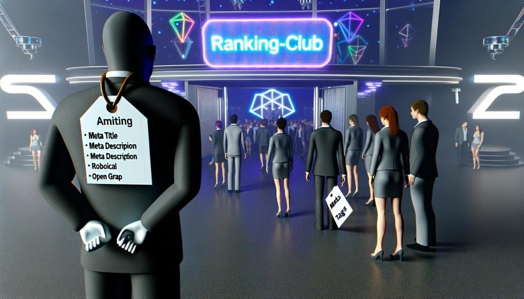 Ein imposanter Türsteher mit 'Meta-Tags'-Jackett kontrolliert vor dem exklusiven Ranking-Club Tickets mit SEO-Begriffen, während wartende Personen auf Einlass hoffen. Ein großes Neon-Google-Logo leuchtet im Hintergrund.
