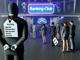 Ein imposanter Türsteher mit 'Meta-Tags'-Jackett kontrolliert vor dem exklusiven Ranking-Club Tickets mit SEO-Begriffen, während wartende Personen auf Einlass hoffen. Ein großes Neon-Google-Logo leuchtet im Hintergrund.
