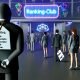 Ein imposanter Türsteher mit 'Meta-Tags'-Jackett kontrolliert vor dem exklusiven Ranking-Club Tickets mit SEO-Begriffen, während wartende Personen auf Einlass hoffen. Ein großes Neon-Google-Logo leuchtet im Hintergrund.