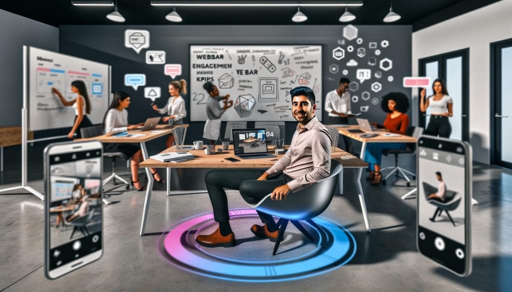 Marketingprofi in einem modernen Büro nutzt Laptop, Smartphone und Monitore, auf denen verschiedene AR-Marketing-Formate wie Social Media AR-Filter, virtueller Möbel via WebAR und AR-Showroom zu sehen sind. Im Hintergrund Kollegen beim Brainstorming vor Whiteboard.