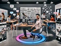 Marketingprofi in einem modernen Büro nutzt Laptop, Smartphone und Monitore, auf denen verschiedene AR-Marketing-Formate wie Social Media AR-Filter, virtueller Möbel via WebAR und AR-Showroom zu sehen sind. Im Hintergrund Kollegen beim Brainstorming vor Whiteboard.