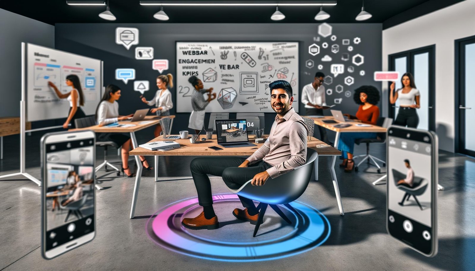 Marketingprofi in einem modernen Büro nutzt Laptop, Smartphone und Monitore, auf denen verschiedene AR-Marketing-Formate wie Social Media AR-Filter, virtueller Möbel via WebAR und AR-Showroom zu sehen sind. Im Hintergrund Kollegen beim Brainstorming vor Whiteboard.
