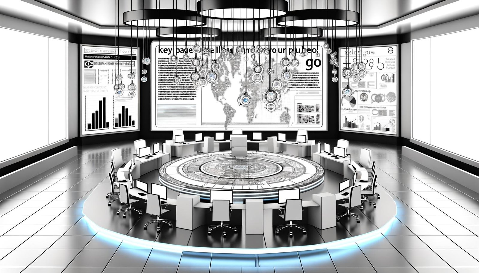 Digitaler Arbeitsplatz mit mehreren Geräten, die ein Netzwerk von Blogposts, eine Content-Map mit Pillar und Cluster Pages sowie SEO-Analysegrafiken präsentieren.