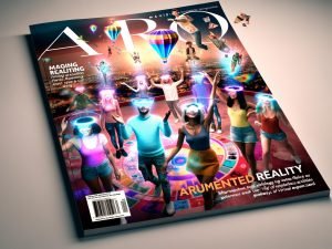 Magazintitel mit diversen Menschen, die im urbanen Umfeld lebendige Augmented Reality-Elemente erleben: 3D-Produkte, Face-Filter, holografische Anprobe und digitale Portale, nahtlos integriert mit realen Objekten und mobilen Geräten.