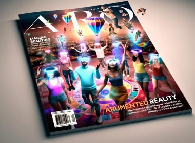 Magazintitel mit diversen Menschen, die im urbanen Umfeld lebendige Augmented Reality-Elemente erleben: 3D-Produkte, Face-Filter, holografische Anprobe und digitale Portale, nahtlos integriert mit realen Objekten und mobilen Geräten.