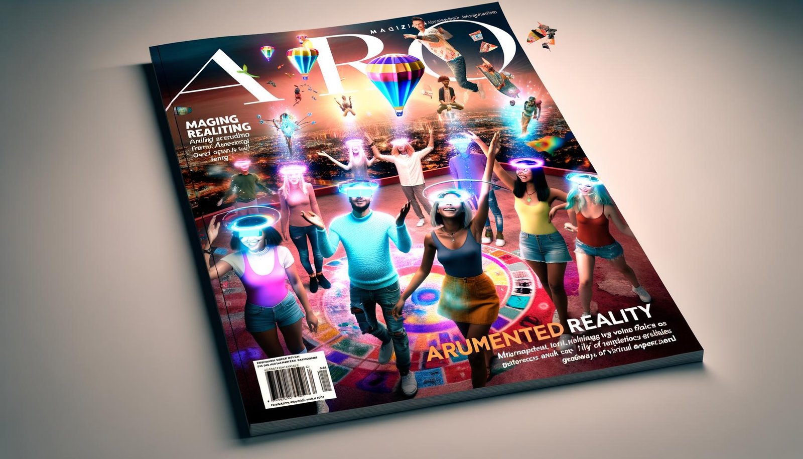 Magazintitel mit diversen Menschen, die im urbanen Umfeld lebendige Augmented Reality-Elemente erleben: 3D-Produkte, Face-Filter, holografische Anprobe und digitale Portale, nahtlos integriert mit realen Objekten und mobilen Geräten.