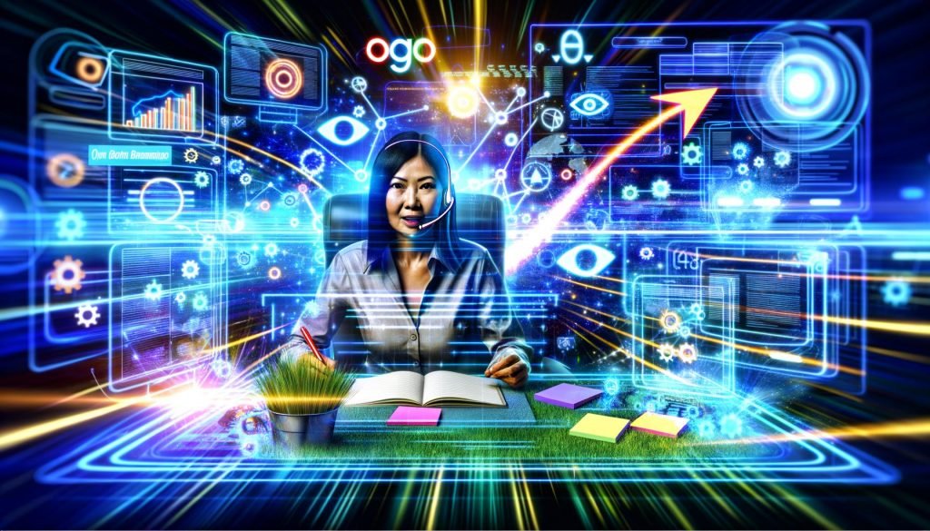 Illustration eines modernen Schreibtischs mit mehreren Monitoren, SEO-Analysetools, Daten-Dashboards, einer Person mit Headset sowie leuchtenden Diagrammen und Netzwerkverbindungen in blauen und goldenen Akzenten.