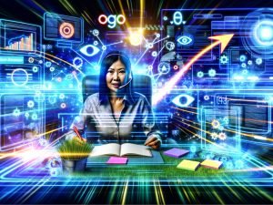 Illustration eines modernen Schreibtischs mit mehreren Monitoren, SEO-Analysetools, Daten-Dashboards, einer Person mit Headset sowie leuchtenden Diagrammen und Netzwerkverbindungen in blauen und goldenen Akzenten.