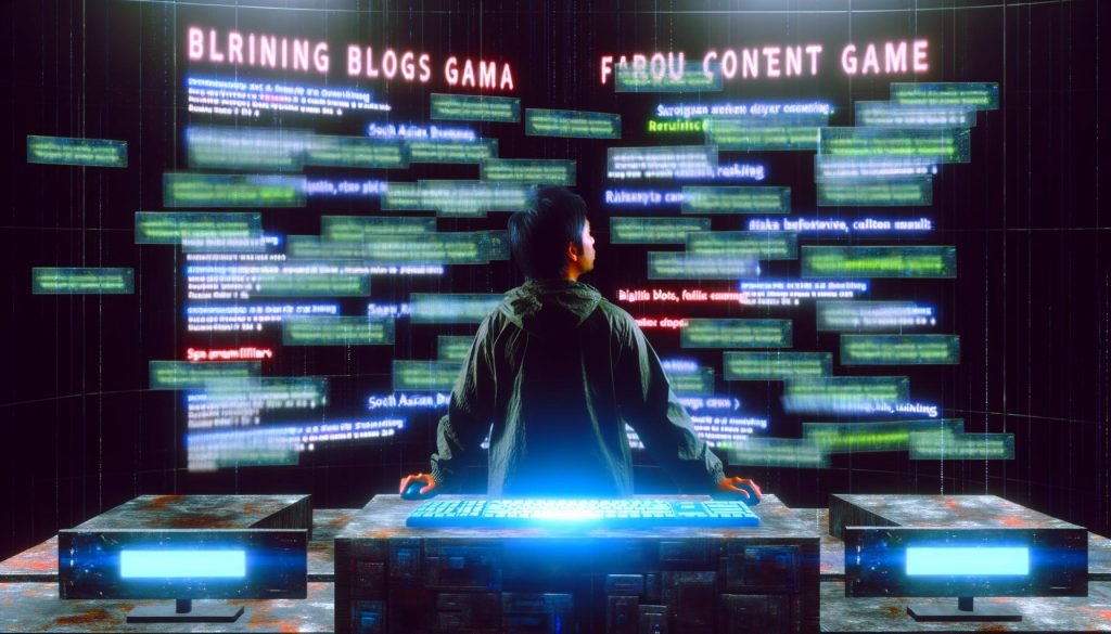 Entschlossener Blogger vor heller Tastatur und Monitoren in einer Cyberpunk-Arena, während gescheiterte Blogs im Hintergrund zu Staub zerfallen.