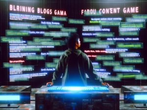 Entschlossener Blogger vor heller Tastatur und Monitoren in einer Cyberpunk-Arena, während gescheiterte Blogs im Hintergrund zu Staub zerfallen.