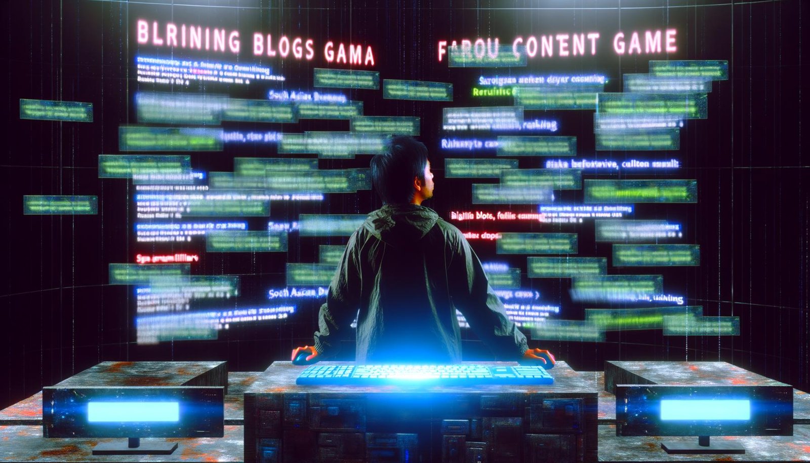 Entschlossener Blogger vor heller Tastatur und Monitoren in einer Cyberpunk-Arena, während gescheiterte Blogs im Hintergrund zu Staub zerfallen.