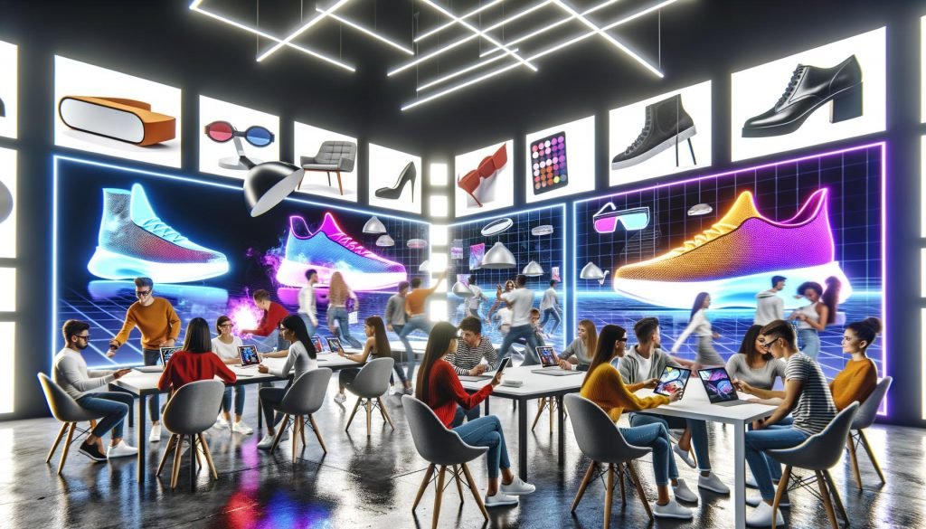 Junges, diverses Team brainstormt im modernen Büro mit großen Screens, auf denen bunte 3D-Objekte, Augmented-Reality-Analysen und Hologramme von Sneakern, Möbeln und Make-up zu sehen sind.