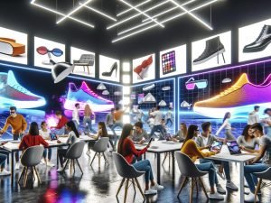 Junges, diverses Team brainstormt im modernen Büro mit großen Screens, auf denen bunte 3D-Objekte, Augmented-Reality-Analysen und Hologramme von Sneakern, Möbeln und Make-up zu sehen sind.