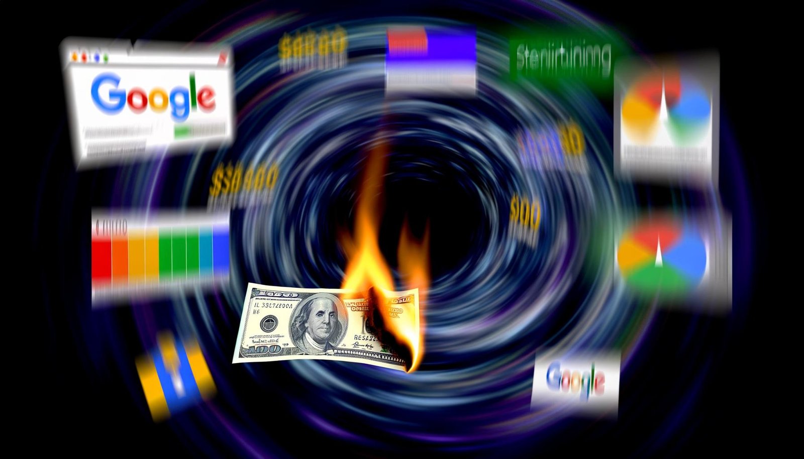 Brennender Geldschein wird von einem digitalen Strudel eingesogen, im Hintergrund unscharfe Google-Logos, bunte SEO-Preisschilder und verschwommene Diagramme.