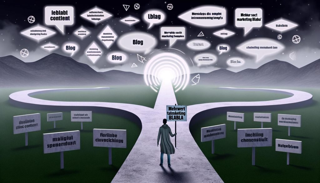 Mensch steht an digitalem Scheideweg: Links trostlose Contentwüste voller leeren Vorlagen und “Blabla”, rechts lebendige Website mit Blogstruktur, Nutzerinteraktionen und klaren Inhalten. Schild mit Aufschrift 'Mehrwert statt Marketing-Blabla' wird gehalten.
