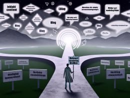 Mensch steht an digitalem Scheideweg: Links trostlose Contentwüste voller leeren Vorlagen und “Blabla”, rechts lebendige Website mit Blogstruktur, Nutzerinteraktionen und klaren Inhalten. Schild mit Aufschrift 'Mehrwert statt Marketing-Blabla' wird gehalten.