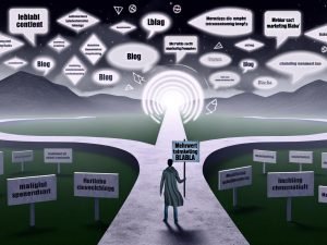 Mensch steht an digitalem Scheideweg: Links trostlose Contentwüste voller leeren Vorlagen und “Blabla”, rechts lebendige Website mit Blogstruktur, Nutzerinteraktionen und klaren Inhalten. Schild mit Aufschrift 'Mehrwert statt Marketing-Blabla' wird gehalten.