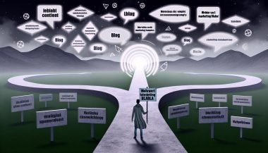Mensch steht an digitalem Scheideweg: Links trostlose Contentwüste voller leeren Vorlagen und “Blabla”, rechts lebendige Website mit Blogstruktur, Nutzerinteraktionen und klaren Inhalten. Schild mit Aufschrift 'Mehrwert statt Marketing-Blabla' wird gehalten.