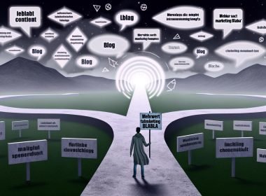 Mensch steht an digitalem Scheideweg: Links trostlose Contentwüste voller leeren Vorlagen und “Blabla”, rechts lebendige Website mit Blogstruktur, Nutzerinteraktionen und klaren Inhalten. Schild mit Aufschrift 'Mehrwert statt Marketing-Blabla' wird gehalten.