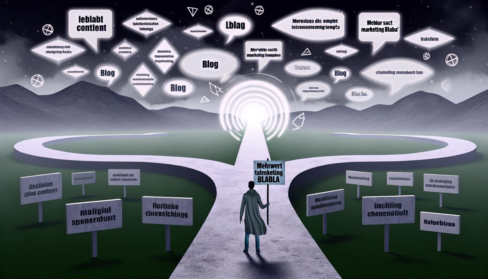 Mensch steht an digitalem Scheideweg: Links trostlose Contentwüste voller leeren Vorlagen und “Blabla”, rechts lebendige Website mit Blogstruktur, Nutzerinteraktionen und klaren Inhalten. Schild mit Aufschrift 'Mehrwert statt Marketing-Blabla' wird gehalten.