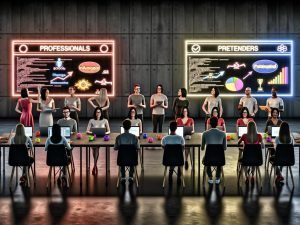 Zwei Gruppen in einem Großraumbüro: links echte SEO-Profis mit Laptops, Code und Konzentration, rechts Blender mit Awards, Google-Badges und leeren Sprechblasen; auf leuchtenden SERP-Grafiken steigen die Profis auf, während die Blender fallen.