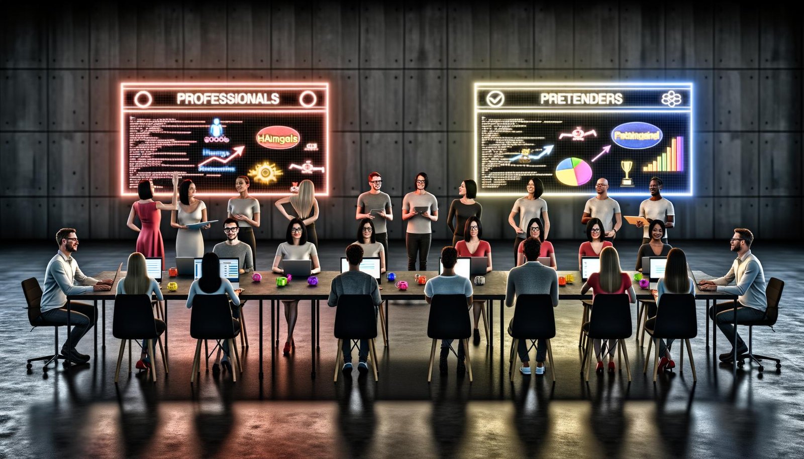 Zwei Gruppen in einem Großraumbüro: links echte SEO-Profis mit Laptops, Code und Konzentration, rechts Blender mit Awards, Google-Badges und leeren Sprechblasen; auf leuchtenden SERP-Grafiken steigen die Profis auf, während die Blender fallen.