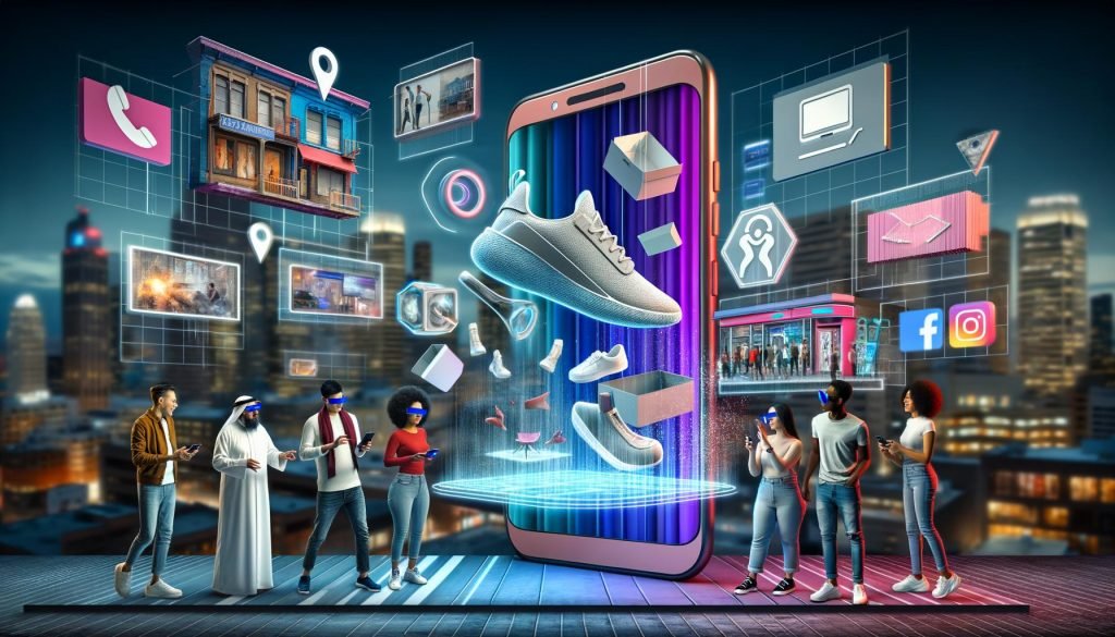 Digitale Marketing-Szenerie mit riesigem Smartphone und interaktiven Augmented Reality-Elementen wie Sneaker, Möbeln und Produktviewer, umgeben von urbaner Stadtlandschaft mit vernetzten Werbetafeln, Social-Media-Icons und Menschen, die mit AR-Geräten interagieren.
