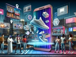 Digitale Marketing-Szenerie mit riesigem Smartphone und interaktiven Augmented Reality-Elementen wie Sneaker, Möbeln und Produktviewer, umgeben von urbaner Stadtlandschaft mit vernetzten Werbetafeln, Social-Media-Icons und Menschen, die mit AR-Geräten interagieren.