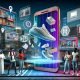 Digitale Marketing-Szenerie mit riesigem Smartphone und interaktiven Augmented Reality-Elementen wie Sneaker, Möbeln und Produktviewer, umgeben von urbaner Stadtlandschaft mit vernetzten Werbetafeln, Social-Media-Icons und Menschen, die mit AR-Geräten interagieren.