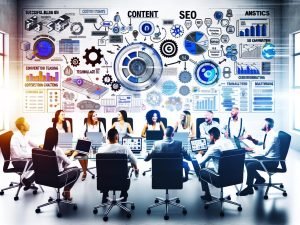 Ein engagiertes, diverses Team analysiert in einem modernen Büro SEO-Diagramme und Strategien für eine erfolgreiche Content Blog Kampagne.