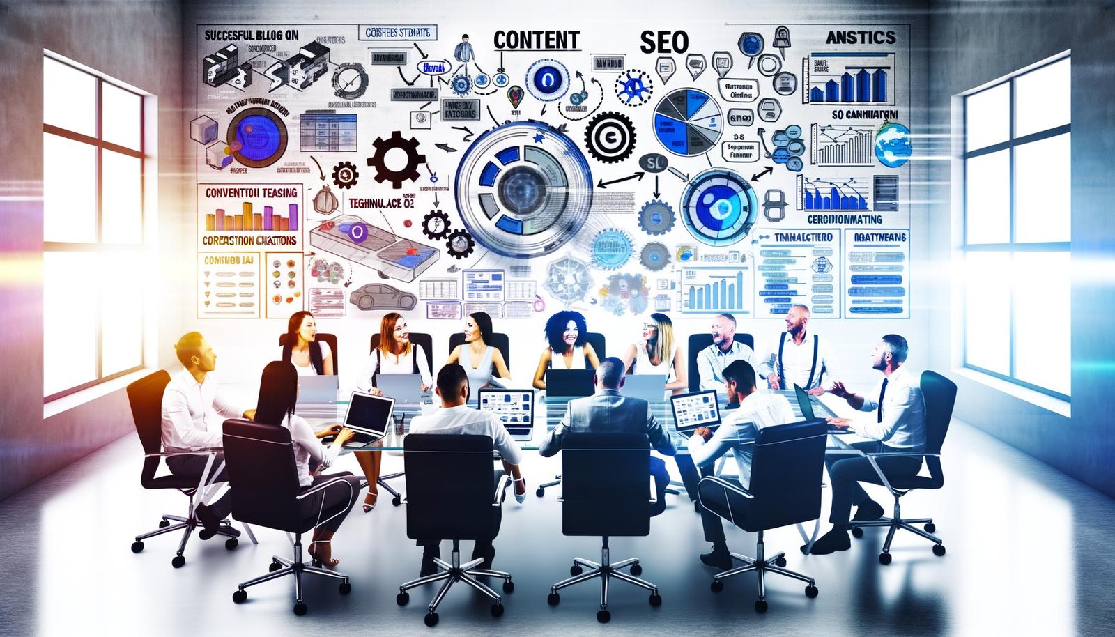 Ein engagiertes, diverses Team analysiert in einem modernen Büro SEO-Diagramme und Strategien für eine erfolgreiche Content Blog Kampagne.