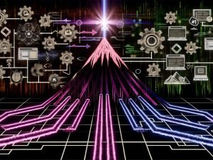 Stilisierte Darstellung zweier divergierender Wege zu einem SERP-Gipfel, einer mit Hindernissen wie irreführenden SEO-Taktiken, der andere mit vertrauenswürdigen Symbolen und hochwertigem Content, untermalt von digitalen Datenströmen.
