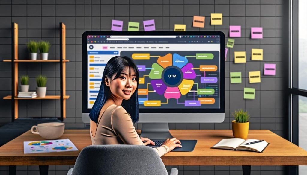 Online-Marketing-Spezialist am Schreibtisch betrachtet lebendige Analyse-Dashboards mit hervorgehobenen UTM-Tags auf einem Monitor, umgeben von Notizzetteln mit Kampagnennamen.