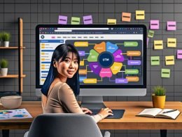 Online-Marketing-Spezialist am Schreibtisch betrachtet lebendige Analyse-Dashboards mit hervorgehobenen UTM-Tags auf einem Monitor, umgeben von Notizzetteln mit Kampagnennamen.