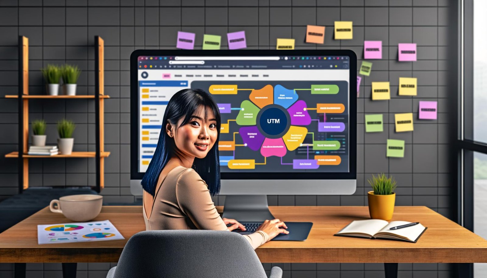 Online-Marketing-Spezialist am Schreibtisch betrachtet lebendige Analyse-Dashboards mit hervorgehobenen UTM-Tags auf einem Monitor, umgeben von Notizzetteln mit Kampagnennamen.