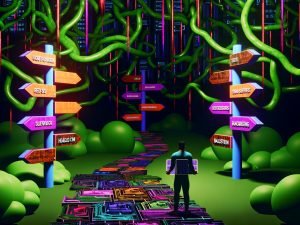Digitale Dschungellandschaft mit Code, Servern und Webbrowsern, bei der eine Person vor einer Pfadkreuzung mit Schildern zu verschiedenen Blog-Architekturen steht