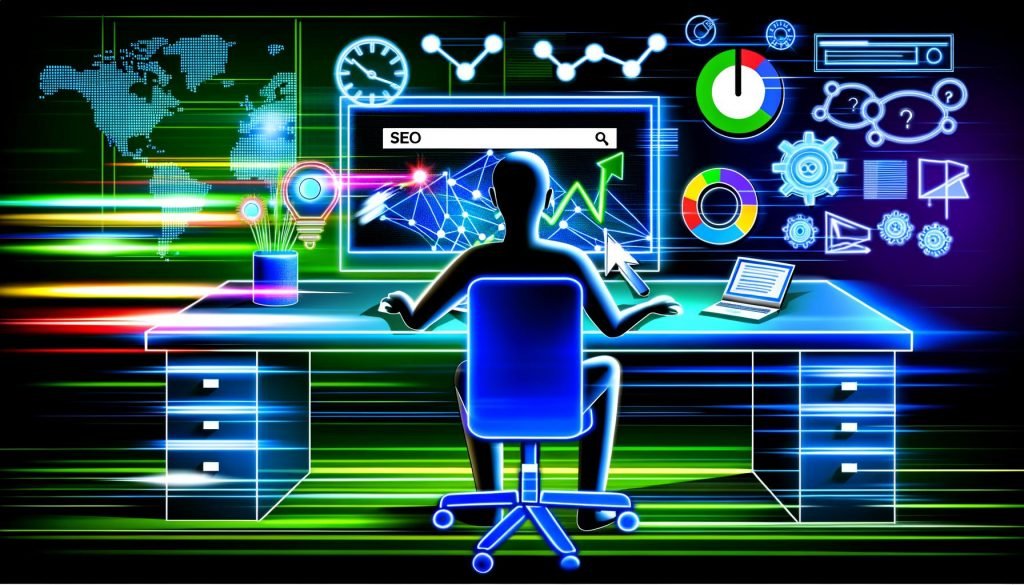 Moderne Illustration einer Person am Schreibtisch vor Monitoren, Diagrammen und SEO-Tools. Im Zentrum eine Google-Suchergebnisseite mit aufsteigendem Website-Ranking, umgeben von technischen Symbolen wie Mobile-Optimierung, Core Web Vitals und Geschwindigkeit.