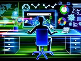 Moderne Illustration einer Person am Schreibtisch vor Monitoren, Diagrammen und SEO-Tools. Im Zentrum eine Google-Suchergebnisseite mit aufsteigendem Website-Ranking, umgeben von technischen Symbolen wie Mobile-Optimierung, Core Web Vitals und Geschwindigkeit.