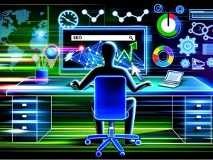 Moderne Illustration einer Person am Schreibtisch vor Monitoren, Diagrammen und SEO-Tools. Im Zentrum eine Google-Suchergebnisseite mit aufsteigendem Website-Ranking, umgeben von technischen Symbolen wie Mobile-Optimierung, Core Web Vitals und Geschwindigkeit.