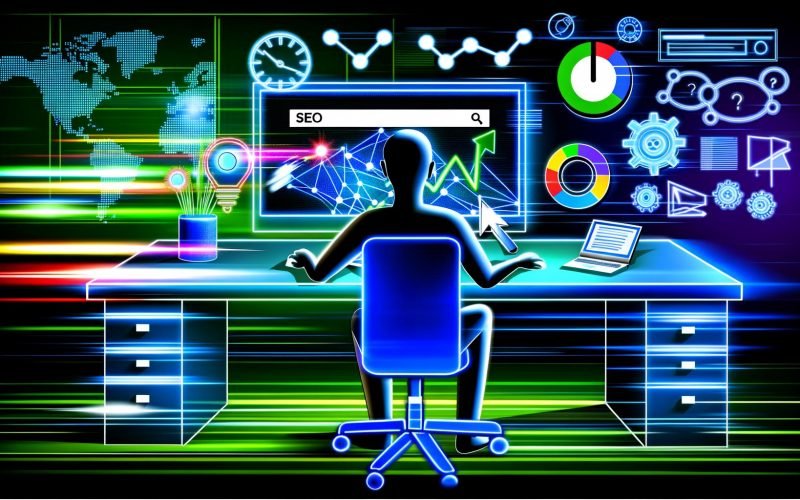 Moderne Illustration einer Person am Schreibtisch vor Monitoren, Diagrammen und SEO-Tools. Im Zentrum eine Google-Suchergebnisseite mit aufsteigendem Website-Ranking, umgeben von technischen Symbolen wie Mobile-Optimierung, Core Web Vitals und Geschwindigkeit.