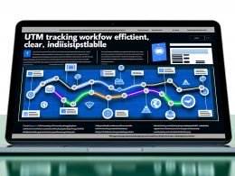 Abstraktes Dashboard mit UTM-Parameter-Visualisierung auf einem Laptop, verbunden durch farbige Linien mit Werbeanzeigen, Social Media und E-Mail-Icons. Modernes, digitales Design in Blau- und Grüntönen.