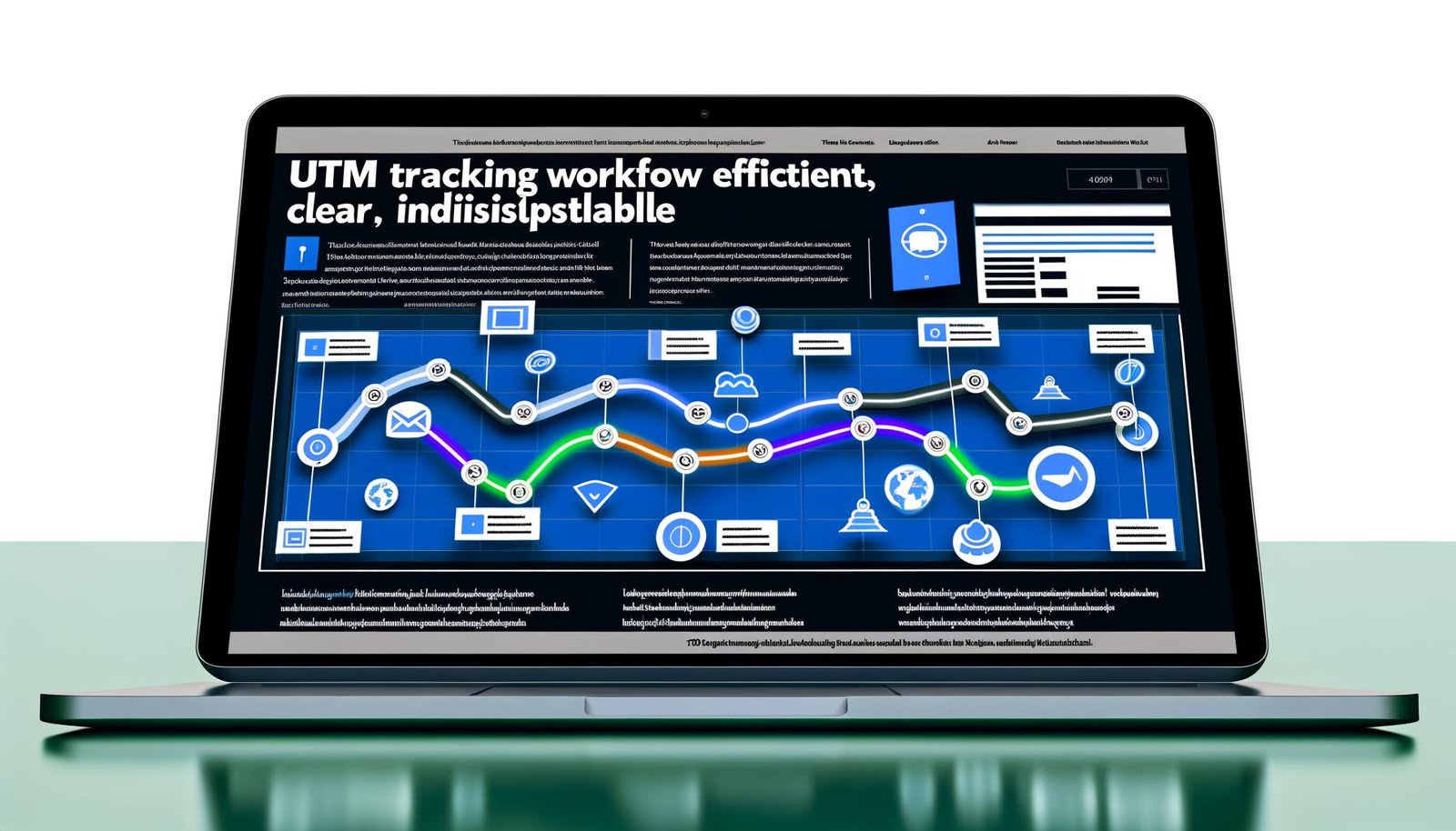 Abstraktes Dashboard mit UTM-Parameter-Visualisierung auf einem Laptop, verbunden durch farbige Linien mit Werbeanzeigen, Social Media und E-Mail-Icons. Modernes, digitales Design in Blau- und Grüntönen.