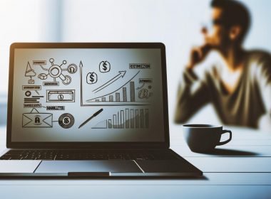 Moderner Schreibtisch mit Laptop, Umsatzdiagrammen, Monetarisierungs-Icons, Kaffeetasse und unscharfer, fokussierter Person im Hintergrund.